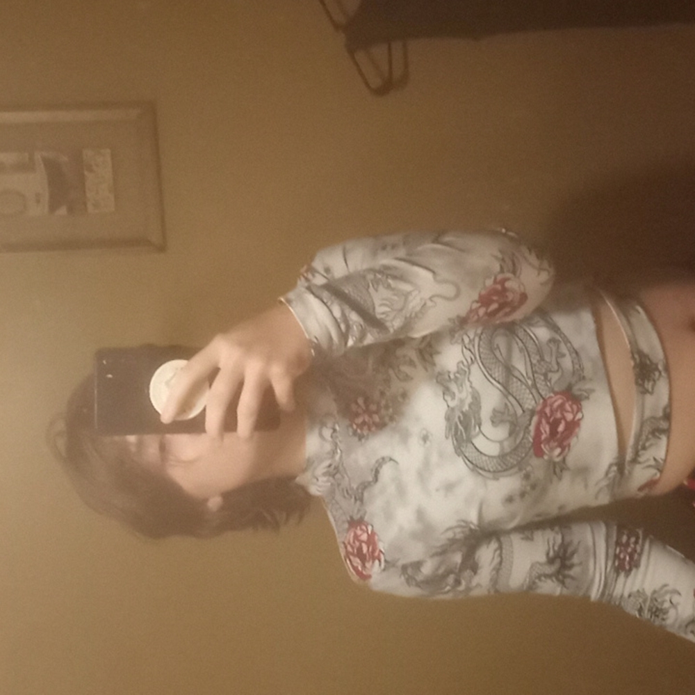 Rue 21, Size S, grey and white tye dye with floral/dragon print